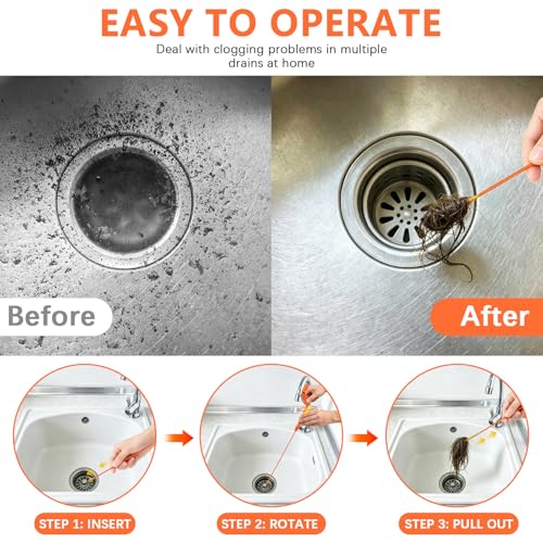 6-Pack Reusable Drain Snake Hair Clog Remover Tools, 5 x 18-Inch Flexible Snakes with 1 Rotating Handle, for Bathroom Sinks & Shower Drains