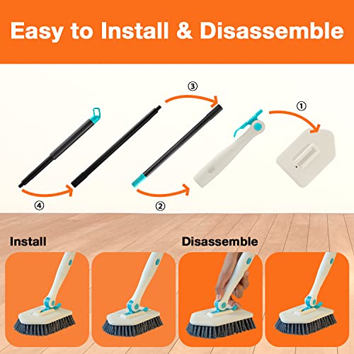 3 in 1 Scrub Cleaning Brush with Long Handle 51'' - Shower Bathtub Tub & Tile Scrubber Brush Include 1 Stiff Brush Head & 3 Scouring Pads & 3 Microfiber Clothes, for Wall Bathroom Glass Bathtub(White) - color: White