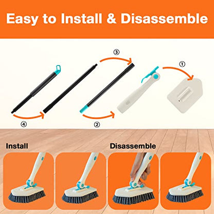 3 in 1 Scrub Cleaning Brush with Long Handle 51'' - Shower Bathtub Tub & Tile Scrubber Brush Include 1 Stiff Brush Head & 3 Scouring Pads & 3 Microfiber Clothes, for Wall Bathroom Glass Bathtub(White) - color: White