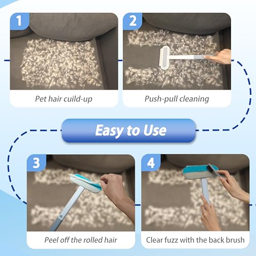 Pet Hair Remover for Furniture & Couch – 17.3 Inch Reusable Dog & Cat Hair Brush, Washable Lint Cleaner for Carpet, Clothes & Bedding, 4-in-1 Multifunctional Fur Removal Tool with Long Handle