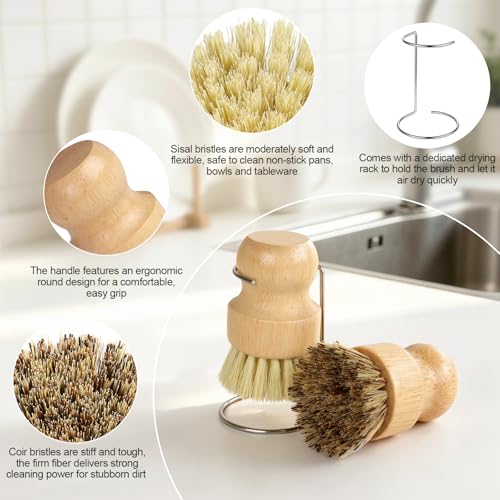 4 Pack Bamboo Dish Brush Set with Holder, 2 Sisal Dish Brushes & 1 Palm Scrub Brush, Natural Kitchen Scrub Brush for Dishes, Pots, Pans, Sink