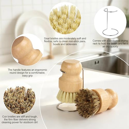 4 Pack Bamboo Dish Brush Set with Holder, 2 Sisal Dish Brushes & 1 Palm Scrub Brush, Natural Kitchen Scrub Brush for Dishes, Pots, Pans, Sink