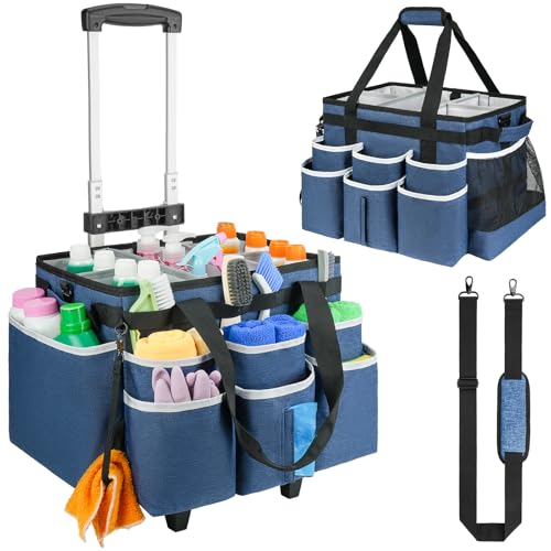 Large Rolling Cleaning Caddy Bag with Detachable Trolley,Cleaning Cart on Wheels with Shoulder Strap,Cleaning Supplies Organizer for Housekeepers,Blue - color: Blue