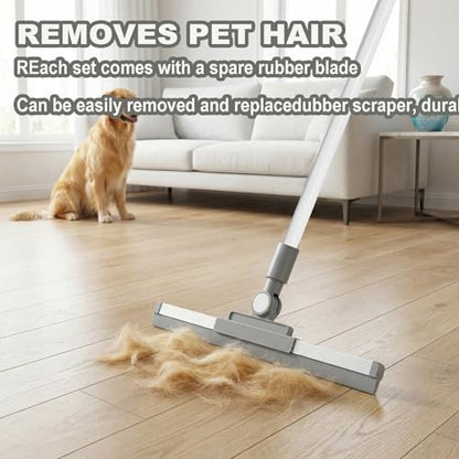 Floor Squeegee Broom - 52" Long Handle Rubber Scrubber for Bathroom, Tile, Shower, Glass, Pet Hair, Hardwood Floor - Adjustable Long Handle, Water Wiper with Replacement Blade (White) - color: White