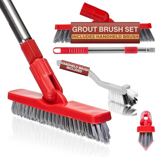 Foxtrot Living Grout Brush with Long Handle & Handheld Stiff Bristle Scrubber, V-Shaped Cleaner with Telescopic Handle for Easy Cleaning & Storage - Tile Floor Cleaning Brush - color: White and Red