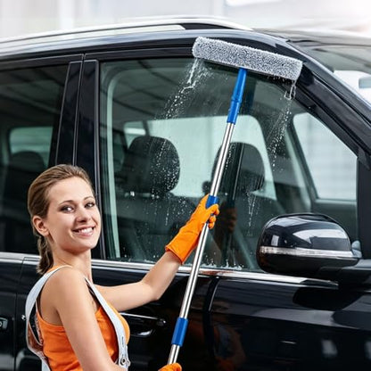10 Feet Professional Squeegee Window Cleaner Tool with Extension Pole | Car Windshield Cleaning Kit with Long Handle, Queegee & Scrubber, Window Washing Equipment for Indoor Outdoor Windows & Glass
