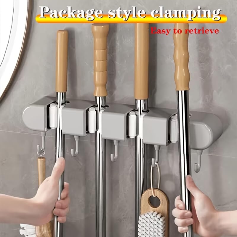 Multi-Functional Mop Broom Holder - No-Drill Wall-Mounted Rack with Strong Adhesive & Elastic Silicone Clips& Hooks for Bathroom/Kitchen