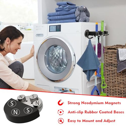 MUTUACTOR Heavy Duty Magnetic Broom Holder, 1PCS Mounting Broom and Mop Hanger, Anti-slip Black Magnetic Tool Holder 3 Slots and 4 Hooks for Fridge, Metal Door, Garage, Work Station - style: Heavy Duty,Black,3 Hooks 4 Slots