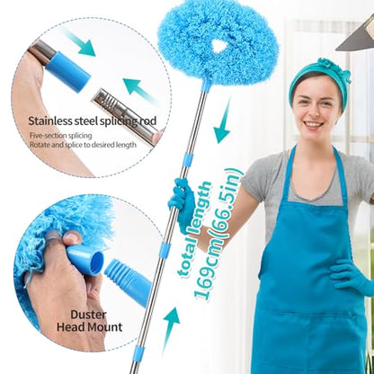 Ceiling Fan Cleaner Duster Reusable Microfiber Removable Duster with Extension Pole Adjusts 12 to 71 Inch for Cleaning Walls Bookshelves Furniture Door Window Top (Blue) - size: 12-71inch-7pcs