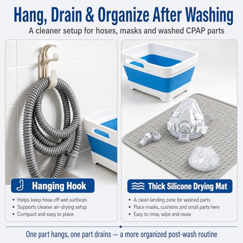 Complete CPAP Cleaning Kit and Drying Kit with CPAP Hose Dryer, 78.7 in Hose Brush for 22 mm & 15 mm Tubing, Collapsible Wash Basin, Thick Silicone Drying Mat, Straight & Y Adapter, No Heat - color: Ultra