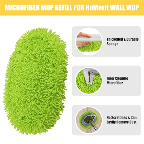 Microfiber Mop Refill for HoMerit Wall Cleaner, 2 Pack Reusable Washable Washer Pads, Dust Cleaning Walls, Ceilings, Windows, Baseboard, Dry Dust/Wet Wash Pad, Green-2