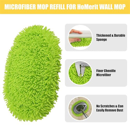 Microfiber Mop Refill for HoMerit Wall Cleaner, 2 Pack Reusable Washable Washer Pads, Dust Cleaning Walls, Ceilings, Windows, Baseboard, Dry Dust/Wet Wash Pad, Green-2