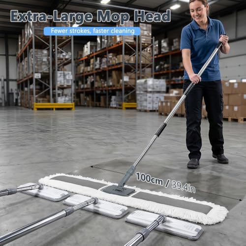 Masthome Commercial Dust Mop, 39" Microfiber Floor Mop with 64" Adjustable Handle, Total 2 Reusable Pads, 360° Swivel Wet Dry Mops for Hardwood Tile Marble Laminate Home Hotel Office Warehouse - color: Extra Large Grey