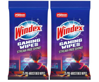 Windex Gaming Cleaning Wipes, Pre-Moistened Wipes to Instantly Clean all Gaming Gear and Electronics, Resealable Packaging for a Freshness Lock, 25 count (Pack of 2) - size: 25 Count (Pack of 2)