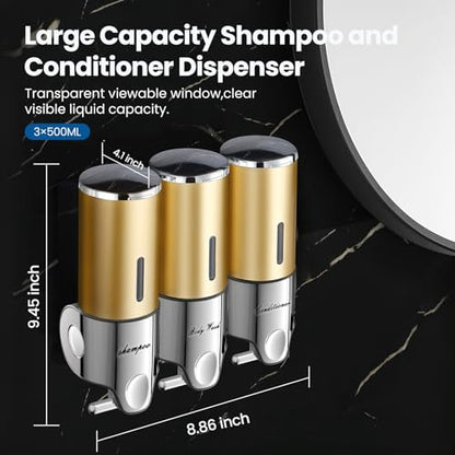 Shampoo and Conditioner Dispenser,Dispensers for The Shower,Shower Soap Dispenser 3 Chamber No Drill,Shampoo Conditioner Body Wash Dispenser Wall Mount for Bathroom(Triple x 17.6 oz,Golden) - color: Golden