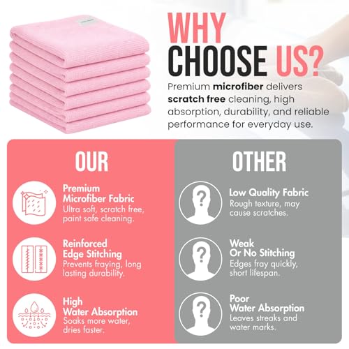 Ameri-Homes Premium Microfiber Cleaning Cloths 12 x 12 Inches, 400 GSM, Soft & Absorbent, Scratch-Free Lint-Free Cleaning Towels for Kitchen, Car, Glass & Home (Pack of 6) (Pink) - color: Pink