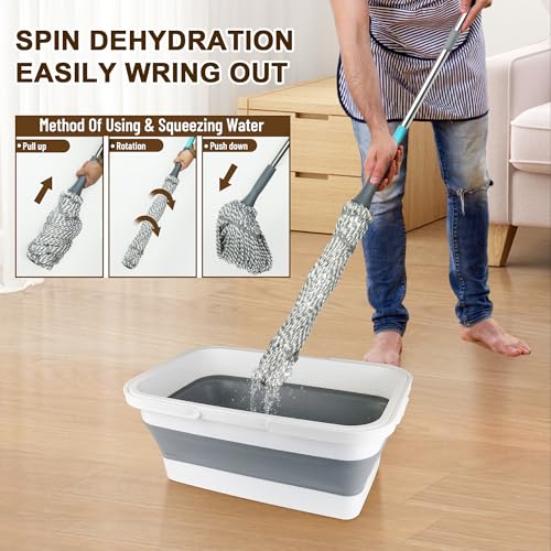 Self Wringing Mop with Bucket- Easy Squeeze Twist Mop with 52.5 Inch Long Handle, Heavy Duty for Hardwood, Tile, Vinyl & Laminate Floors (Gray+White) - color: Gray+white