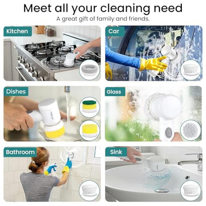 VIMALIFE Electric Spin Scrubber, Cordless Bathroom Scrubber IPX6 Waterproof with 5 Replaceable Heads, Power Scrub Brush for Shower, Tiles, Kitchen Scrub Brush for Cleaning