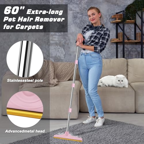 B-Land Carpet Rake for Pet Hair Removal, Reusable Pet Hair Remover with 60” Adjustable Long Handle, Carpet Scraper Dog Cat Hair Remover Tool for Rugs, Mats, Couch, Furniture Pink - color: Pink