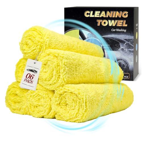 Car Wash Towels 16x16 - Microfiber, Yellow 6-Pack | Premium microfiber is highly absorbent, lint-free & reusable. Perfect for car interior, exterior, kitchen & home. - color: Light Yellow