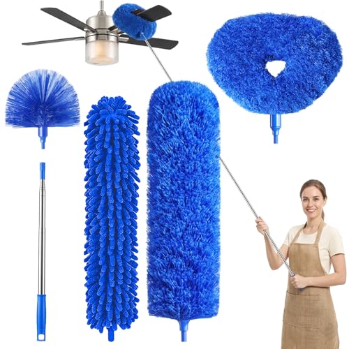 Dusters for Cleaning, 5-in-1 Dusters, Ceiling Fan Cleaner Duster with Extension Pole, Microfibe, Cobweb and Chenille Duster for Fans, Blubs, Cars, Blinds and Furniture
