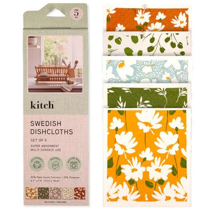 Swedish Dishcloths, Super Absorbent Multi-Surface Cleaning Cloths, Blue Floral Print, 80% Cellulose, 6.7x7.5 Inch, Set of 5 Designs - color: Multicolor