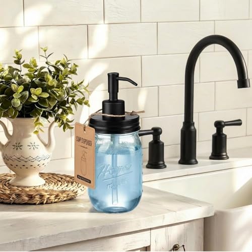 SheeChung 16 Oz Mason Jar Liquid Soap Dispenser, Glass Hand Soap Dispenser, Stainless Steel Pump Lid, Refillable Lotion Dispensers for Bathroom Countertop Kitchen (1, Black) - color: Black-1 Pack