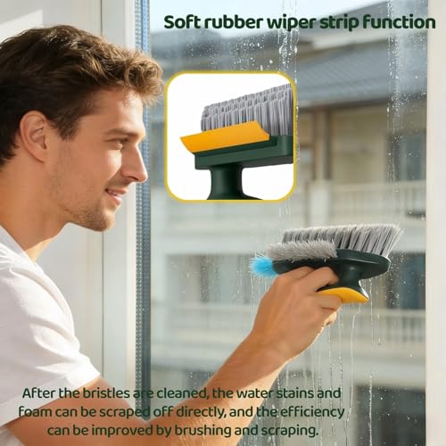 Multifunctional Tile Grout Cleaning Brush with V-Shaped Bristles, 180° Rotating Head, Rubber Wiper Strip, Green and Yellow