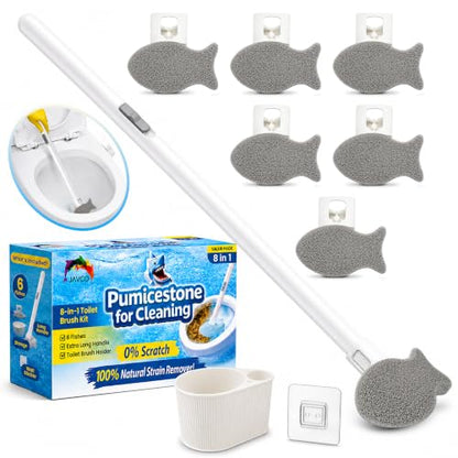 Pumice Stone for Toilet Bowl Cleaning, 8-in-1 Toilet Cleaning Kit with 6 Replaceable Fish Heads, 17" Extra Long Handle, Wall Mount Holder, Removes Hard Water Stains, Mineral Deposits & Rust Rings