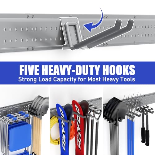 Garage Tool Organizer Wall Mount 99 inches with 18 Adjustable Heavy-Duty Hooks, Garage Organization, Garden Tool Storage Rack, Yard, and Shed, Holds Up to 750 lbs (Grey) - size: 99" | 6 Panels + 18 Hooks