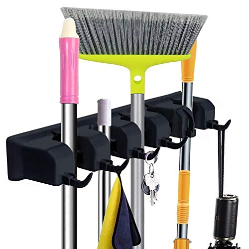 Mop and Broom Holder Wall Mount Heavy Duty Tool Organizer For Home Garden Garage And Storage (5 Positions with 6 Hooks) (Black)
