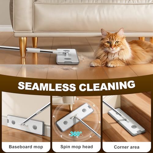 15.7" Flat Mop and Bucket Set with Wringer System | Wet Dry Floor Mop, 6 Reusable Microfiber Pads for Home, Tiny Home, Safe for Hardwood, Tile, Wall & Window Cleaning