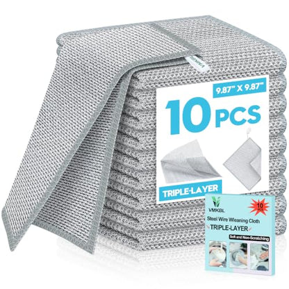 10 Pcs New Upgraded 3 Layers Non Scratch Wire Dishcloth, Multipurpose Wire Steel Wool Scrubber, Wet & Dry for Cookware, Sinks, Dishes, Stoves & Fireplaces 9.87“ x 9.87” - size: 9.87x9.87-10pcs