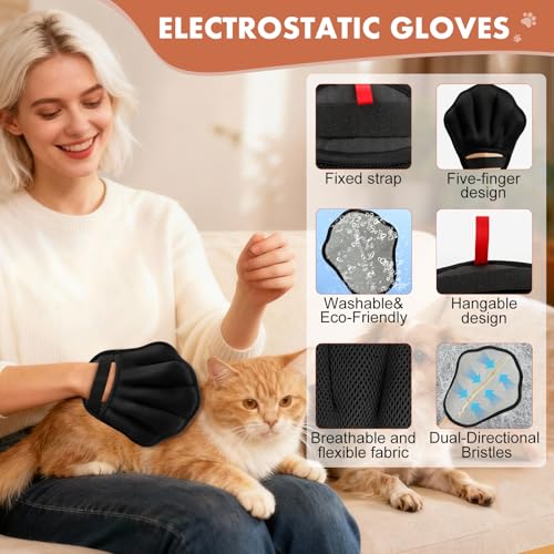 Pet Hair Removal Glove, Electrostatic Pet Hair Remover Glove for Cats & Dogs, Pet Hair Remover Tool for Laundry, Couch, Carpet, Car Seat - Upgraded Five-Finger, Reusable, Black+Black - color: Black+Black
