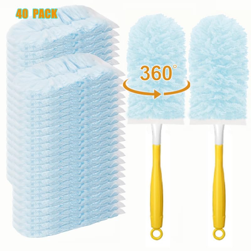 40 Count Duster Refills for Swiffe Duster,360° Heavy Duty Duster Refills, Disposable Microfiber Duster for Cleaning Dusting Furniture Blind Ceiling Fan (40 Count Refills+2 Handle)