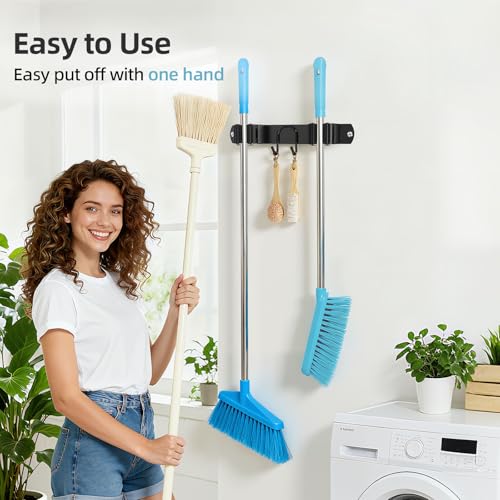 Broom Holder Wall Mount, Stainless Steel Mop and Broom Organizer, Broom Hanger with 2 Slots 2 Hooks for Home Kitchen, Garage, Garden and Laundry Room, Black - color: Black-1 Pack