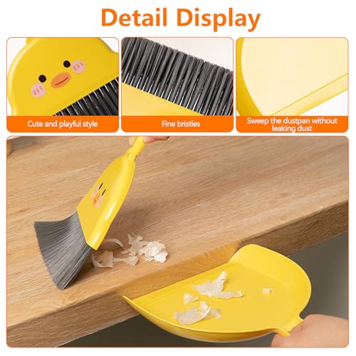 Cute Mini Broom and Dustpan Set, Small Yellow Dust Pan and Brush Set for Cleaning Tabletop, Compact Handheld Dustpan