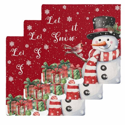 Christmas Red Dish Towels Set, Waffle Weave Kitchen Towels 3 Pieces, Snowman Snowflake Berry Bird Microfiber Hair Face Bath Tea Towel Absorbent Quick Drying Cleaning Dish Cloths, 12"x12" - color: Red, size: 3PCS,12"x12"