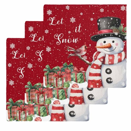 Christmas Red Dish Towels Set, Waffle Weave Kitchen Towels 3 Pieces, Snowman Snowflake Berry Bird Microfiber Hair Face Bath Tea Towel Absorbent Quick Drying Cleaning Dish Cloths, 12"x12" - color: Red, size: 3PCS,12"x12"