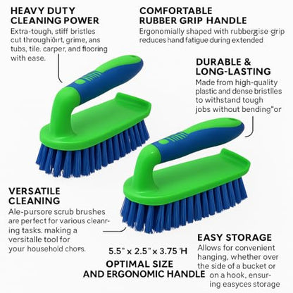 2-Pack Scrub Brushes with Rubber Grip – Heavy-Duty Bristles for Bathroom, Tile, Grout, Shower, Sink & Floor Cleaning – Dependable Industries - color: Blue-green