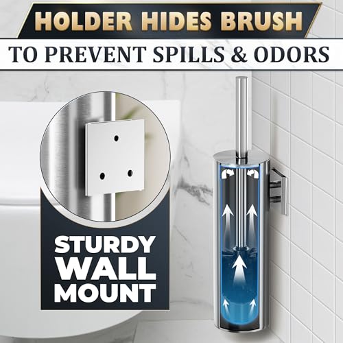 Silver Modern Toilet Brush and Holder Set with Wall Mount - Stainless Steel Toilet Brush with Holder - Removable Inner Bowl, Shiny Design, Splash Protection & Dense Bristles for Bathroom Cleaning - color: Silver Wall-mounted