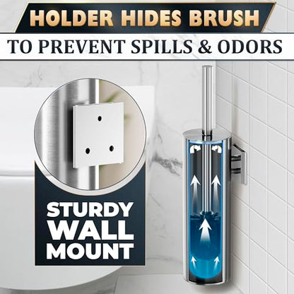 Silver Modern Toilet Brush and Holder Set with Wall Mount - Stainless Steel Toilet Brush with Holder - Removable Inner Bowl, Shiny Design, Splash Protection & Dense Bristles for Bathroom Cleaning - color: Silver Wall-mounted