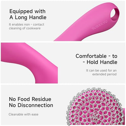 SUBEKYU Cast Iron Scrubber with Silicone Handle, Stainless Steel Skillet Cleaner for Cast Iron Pans (Pink Scrubber + Scraper) - color: Pink Scrubber + Scraper