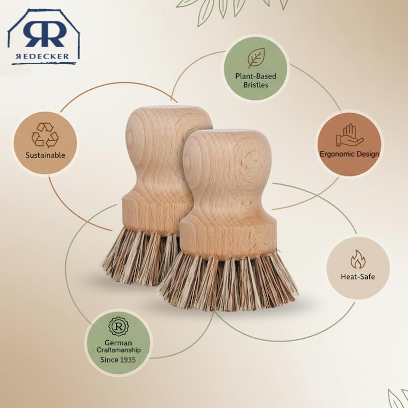 Redecker Pot Brush, Union Fiber, 2-Pack Heavy Duty Scrub Brushes for Pots, Cast Iron & Baked-On Residue, Beechwood, 2.6-Inch Round, Made in Germany - size: Set of 2