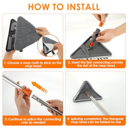 Baseboard Cleaner Tool with Handle,Folding Wall Mop with 79" Extension Pole, Swivel Wall Cleaner Mop with Squeegee, 8 Reusable Pads for Baseboard, Wall, Ceiling, Window, Floor, Furniture
