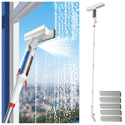75'' Spray Squeegee for Window Cleaning with 4-Section Extension Pole, 4 in 1 Window Vacuum Squeegee Cordless Shower Squeeze for Glass Door and Tile with Sewage Collector and 5 Pads