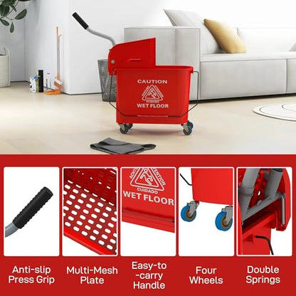 21 Quart Mop Bucket with Wringer on Wheels, Dual Water Cleaning Bucket with Separate Dirty and Clean Water, Rolling Commercial Floor Cleaning System (Red) - color: Red
