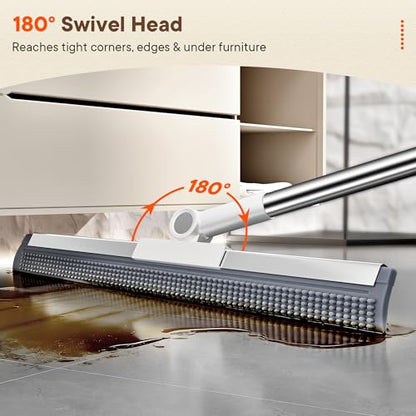 Floor Squeegee Broom with Rubber Scrubbing Teeth, 2-in-1 Magic Broom with 58 Inch Telescopic Handle, Wide Shower Floor Squeegee for Bathroom, Garage, Kitchen, Tile, Concrete, Pet Hair and Water