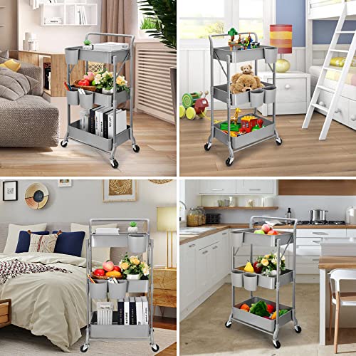 Foldable 3 Tier Metal Utility Rolling Cart, Folding Mobile Multi-Function Storage Trolley Organizer Cart for Home Library Office(Grey) - color: Gray
