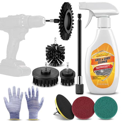 BBQ Grill Brush with Cleaning Spray, Cordless Drill Spin Brush Cleaning Kit - Nylon Safe Bristle & Wire Free, Safe for Stainless Steel, Porcelain, Charcoal Smoker Grill (Drill Not Included)